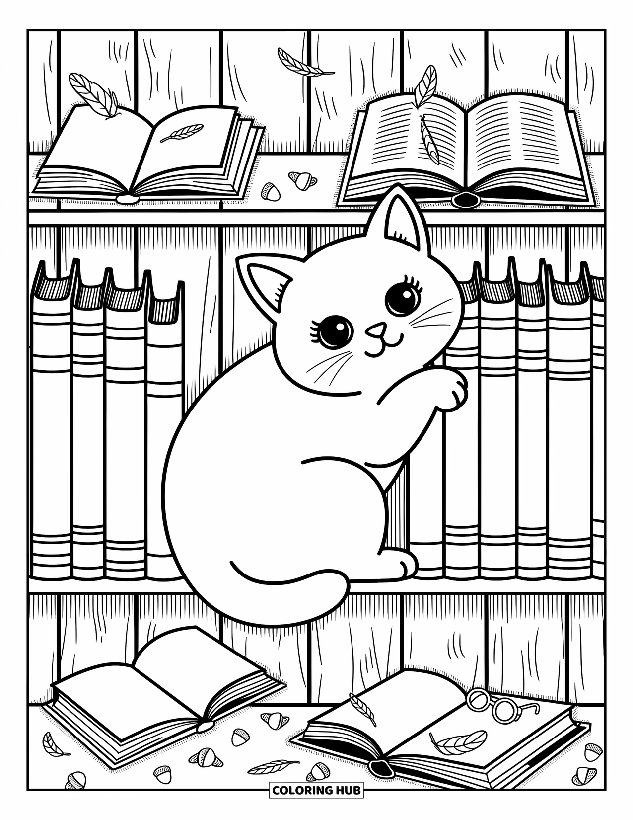 Fat Cat Coloring Page for Adults: A pudgy cat hides among books with cute bookmarks and tiny spectacles