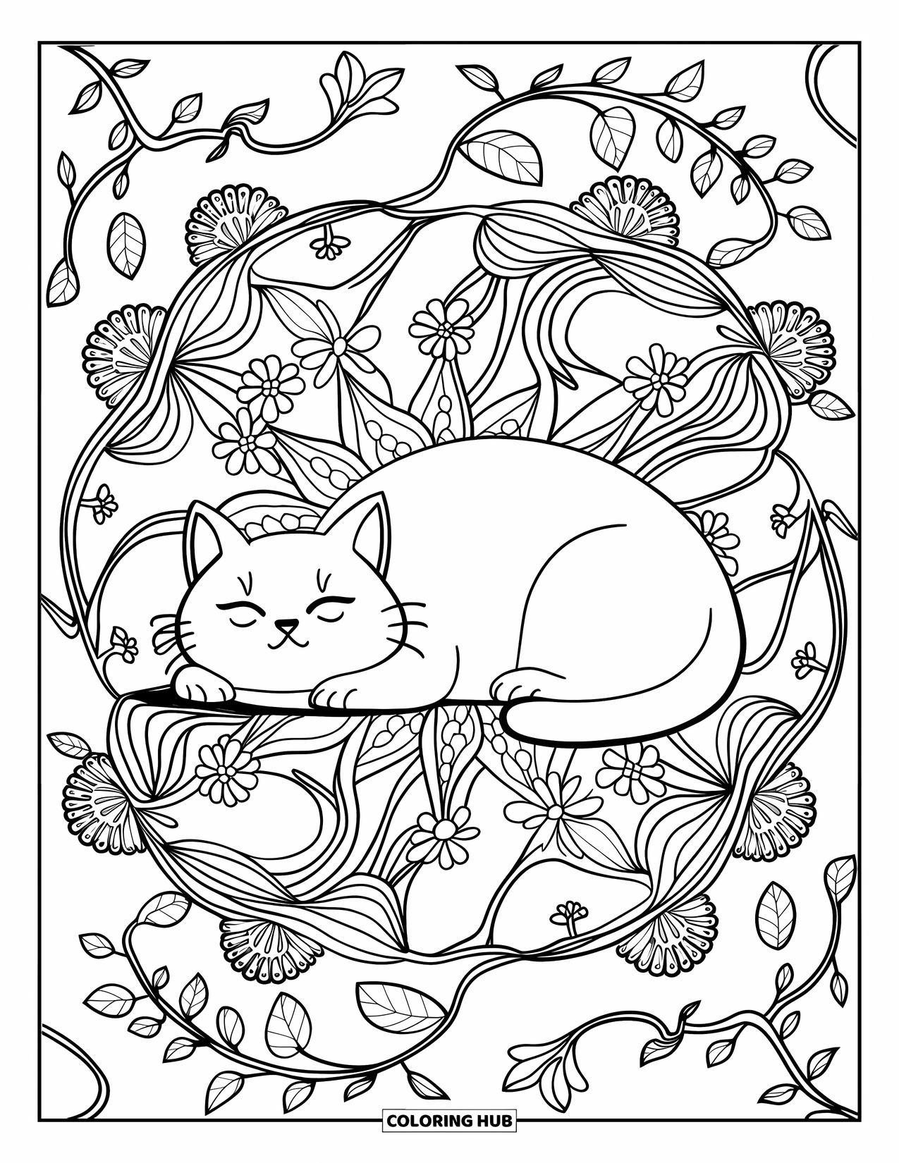 Fat Cat Coloring Page for Adults: A relaxed cat lies on vines and flowers with mandala designs around