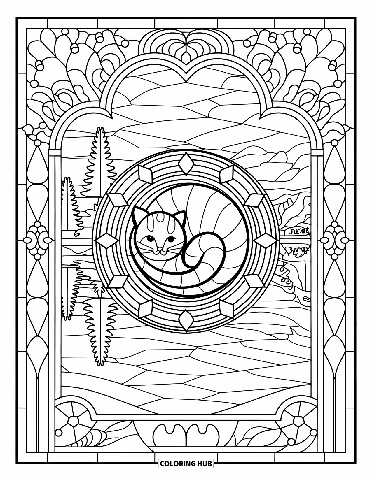 Fat Cat Coloring Page for Adults: A round cat sleeps in a window of roses, vines, and soft shapes