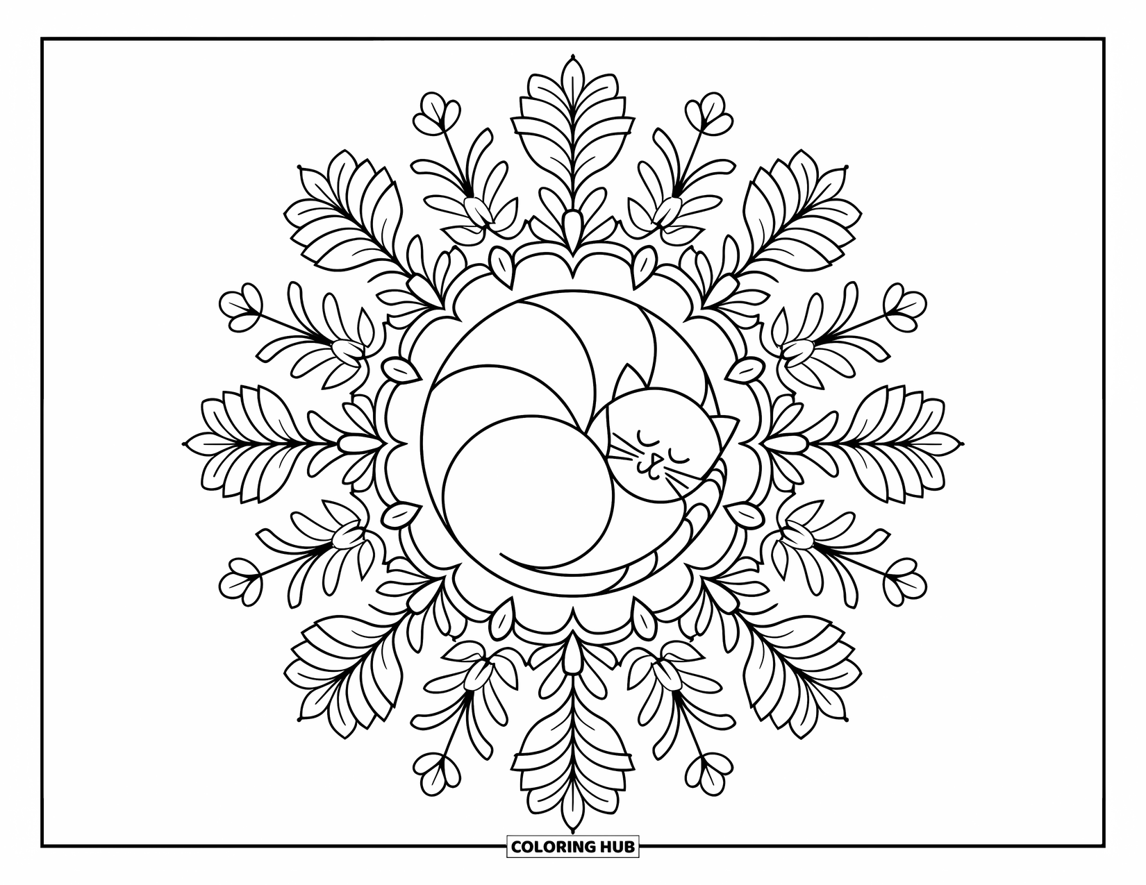 Fat Cat Coloring Page for Adults: A round cat sleeps in the middle of a floral-patterned mandala