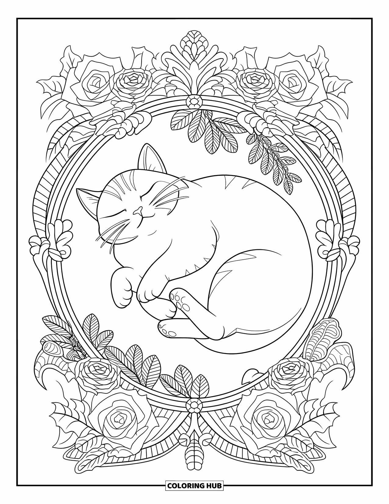 Fat Cat Coloring Page for Adults: A sleepy cat lies on its back inside a vine-wrapped floral frame