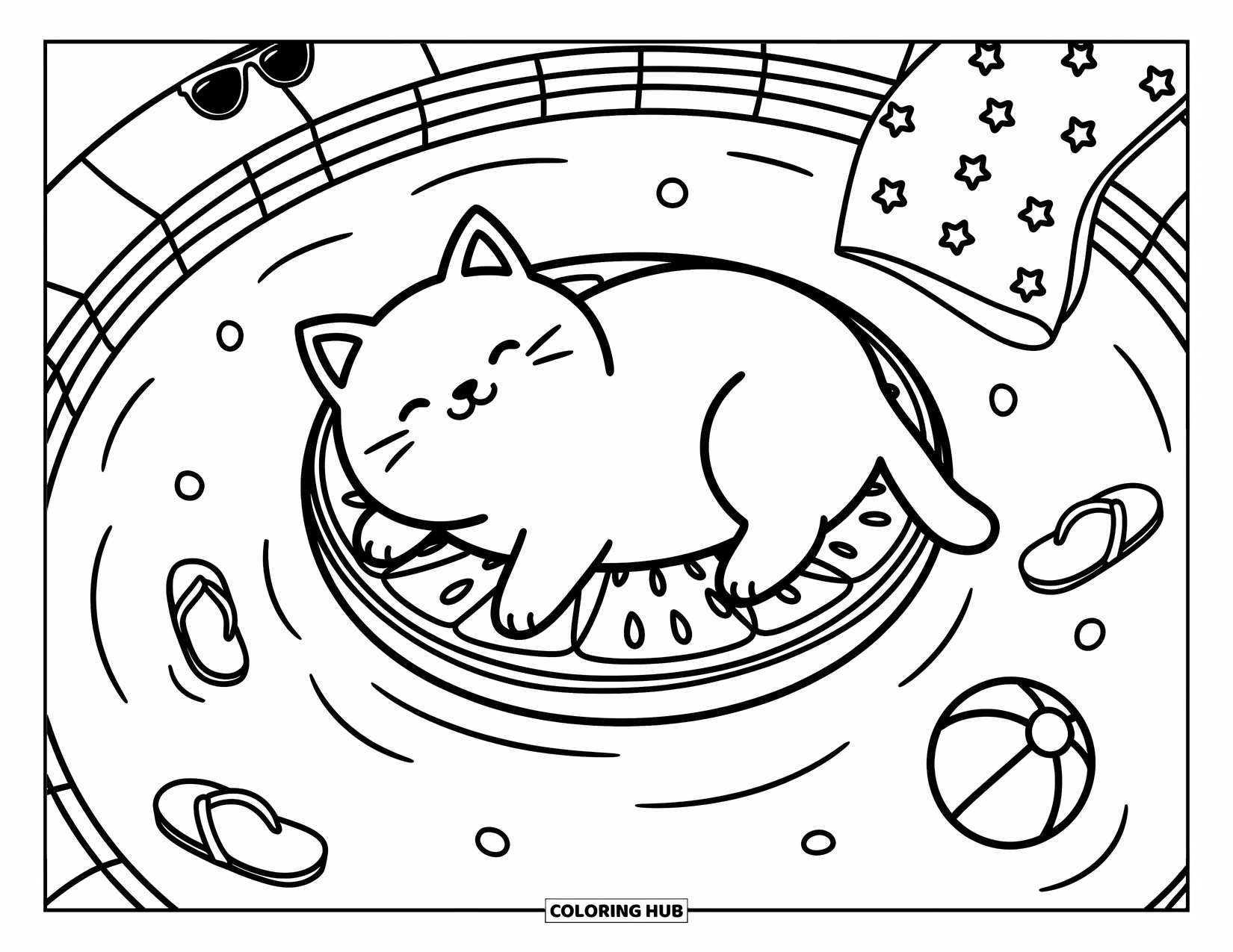 Fat Cat Coloring Page for Adults: A sleepy cat lounges in a pool float with beach toys scattered nearby