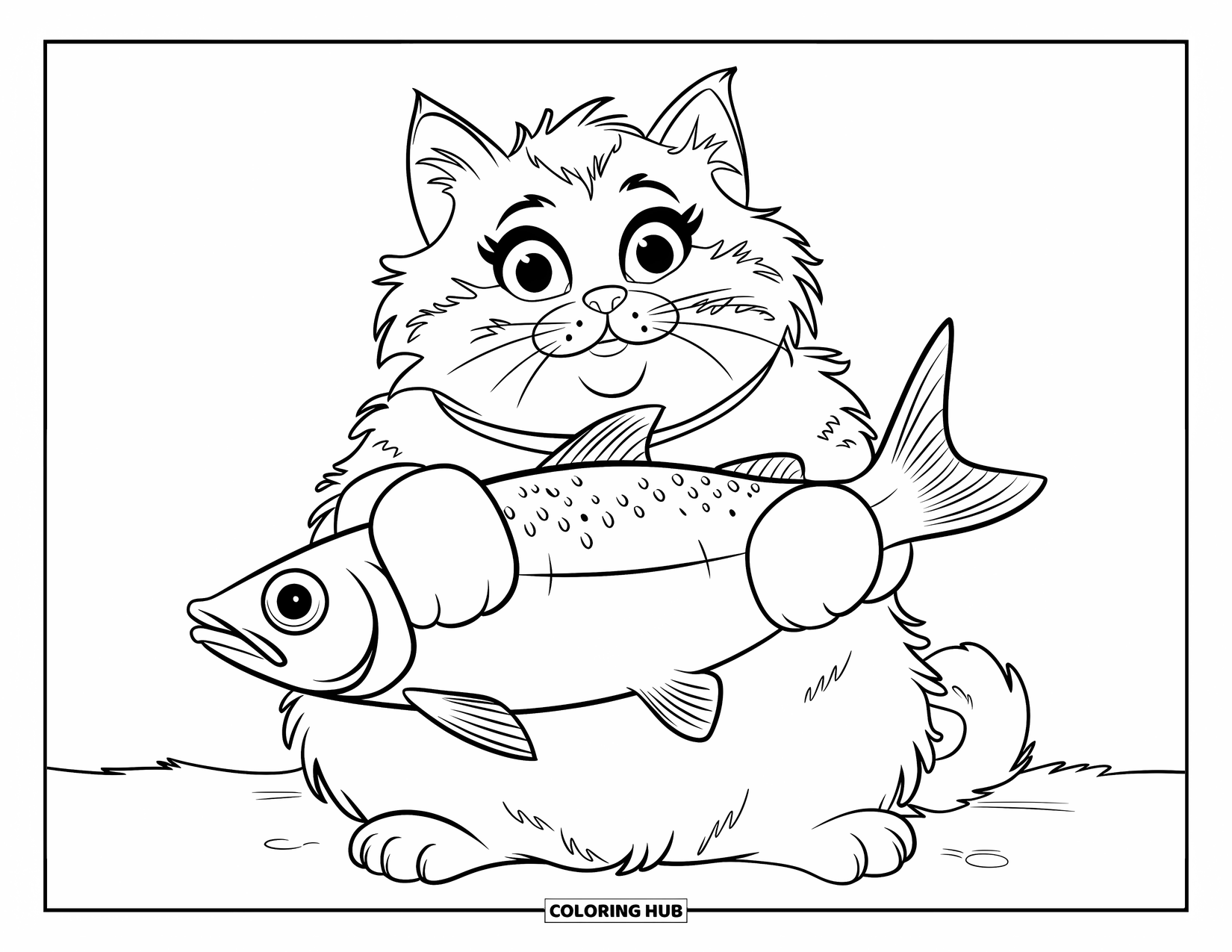 Fat Cat Coloring Page for Kids: A cat hugs a shiny fish while sitting tall with wide eyes