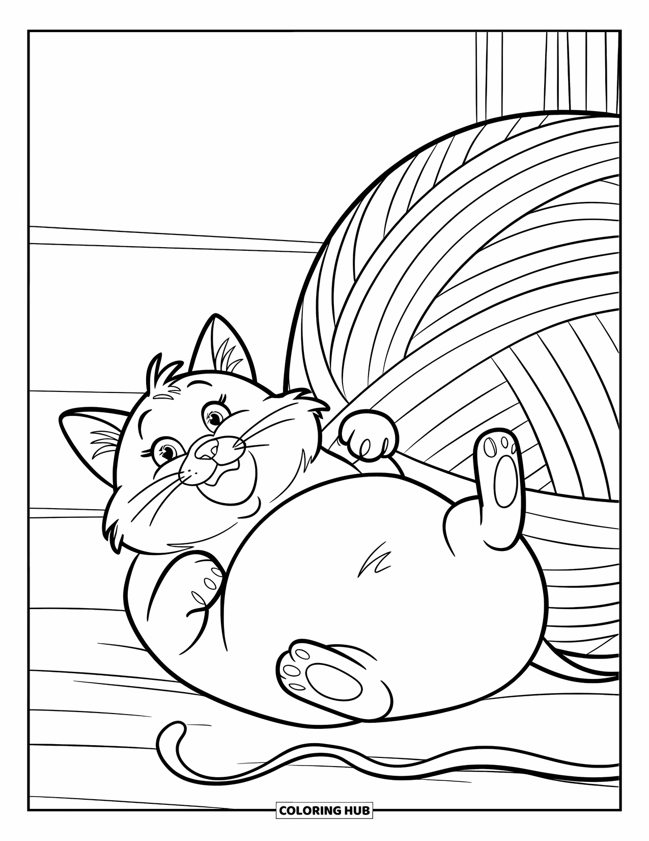 Fat Cat Coloring Page for Kids: A cat sprawls on its back next to a fluffy yarn ball