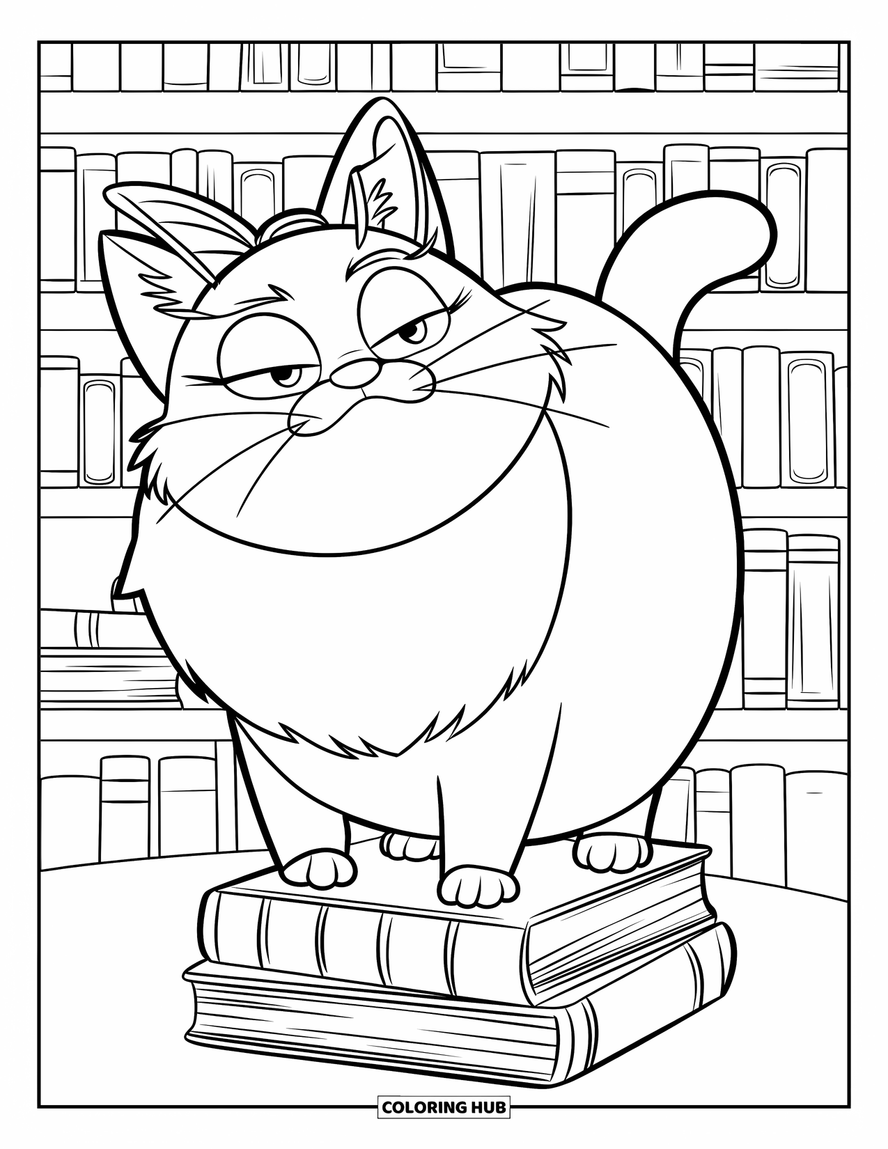 Fat Cat Coloring Page for Kids: A cheeky cat with a headband perches on books in a quiet library