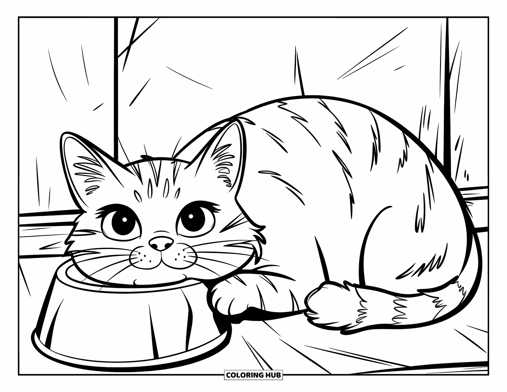 Fat Cat Coloring Page for Kids: A chubby cat rests its head on an empty bowl with tired eyes