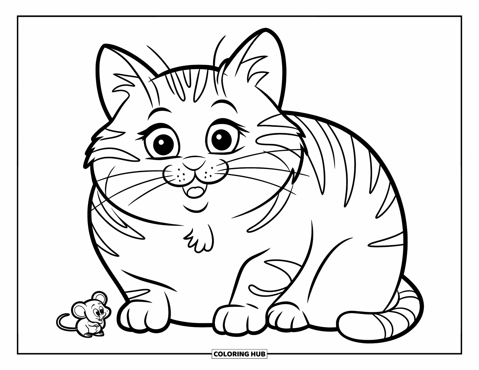 Fat Cat Coloring Page for Kids: A chubby cat sits with its belly flat and a curious mouse nearby