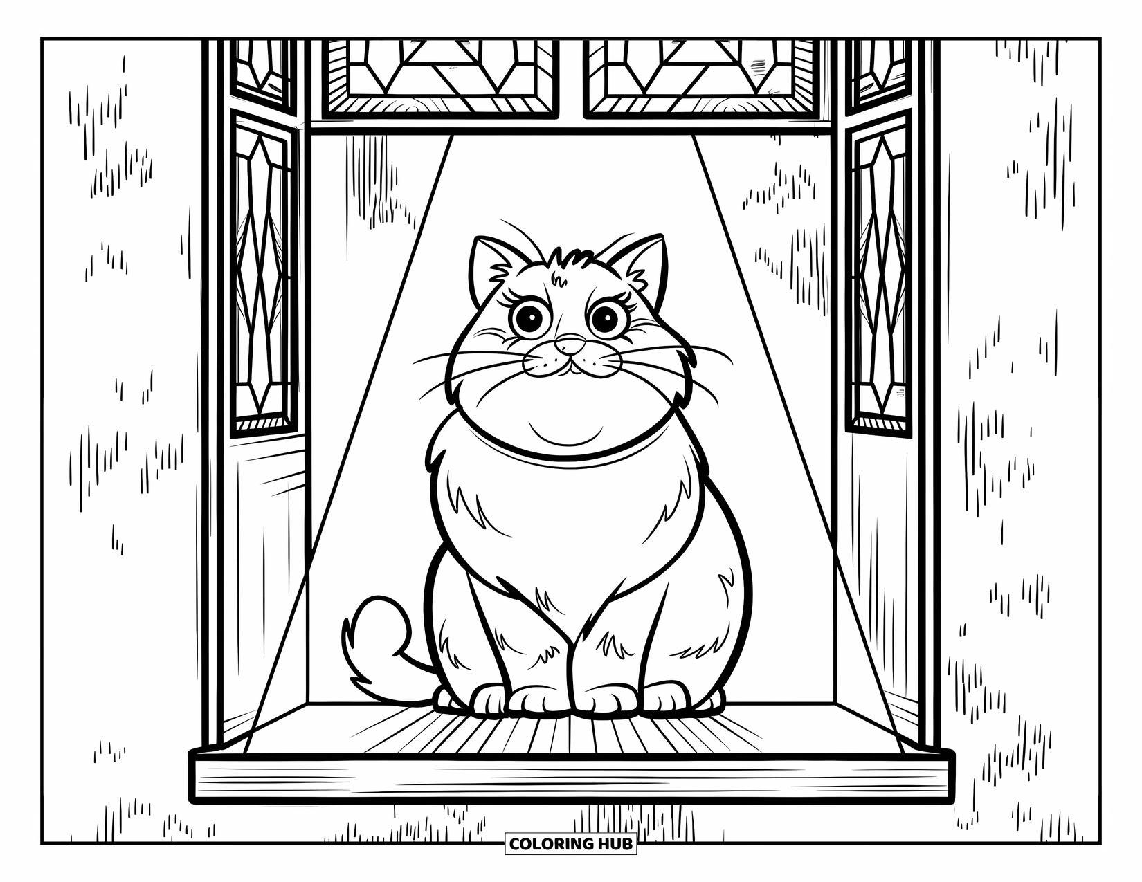 Fat Cat Coloring Page for Kids: A cozy cat basks in sunlight from a stained glass window