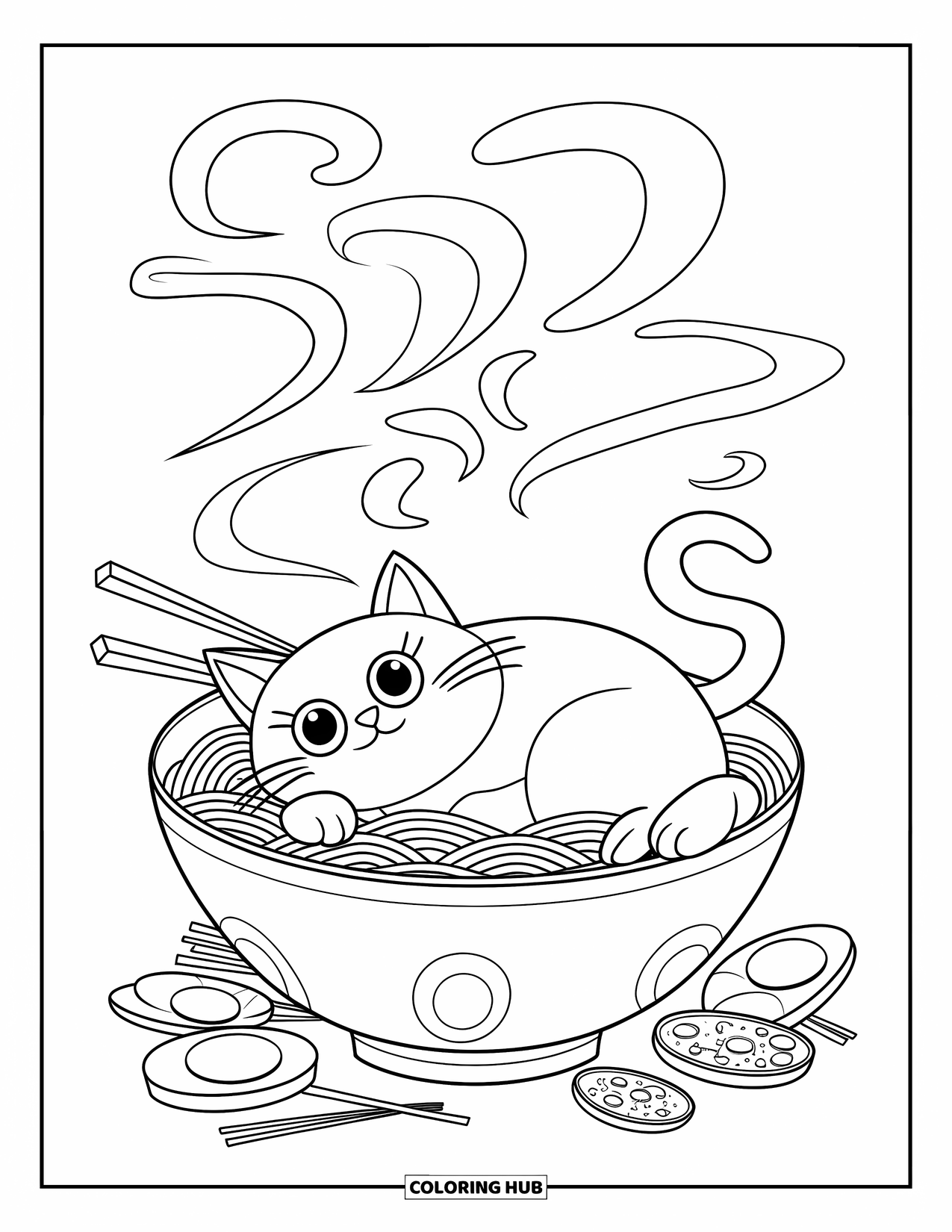 Fat Cat Coloring Page for Kids: A cozy cat sits in ramen, with steam and toppings surrounding it