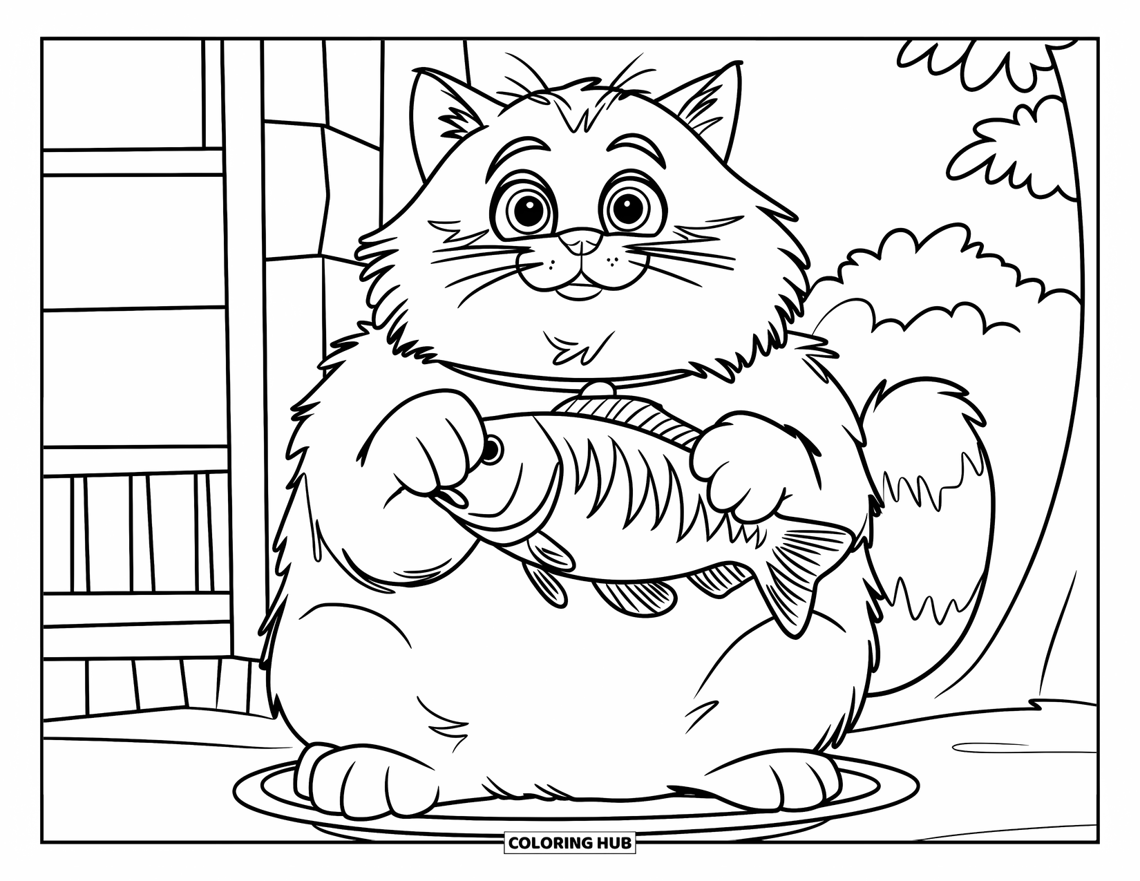 Fat Cat Coloring Page for Kids: A fat cat cradles a fish on a plate, sitting contentedly