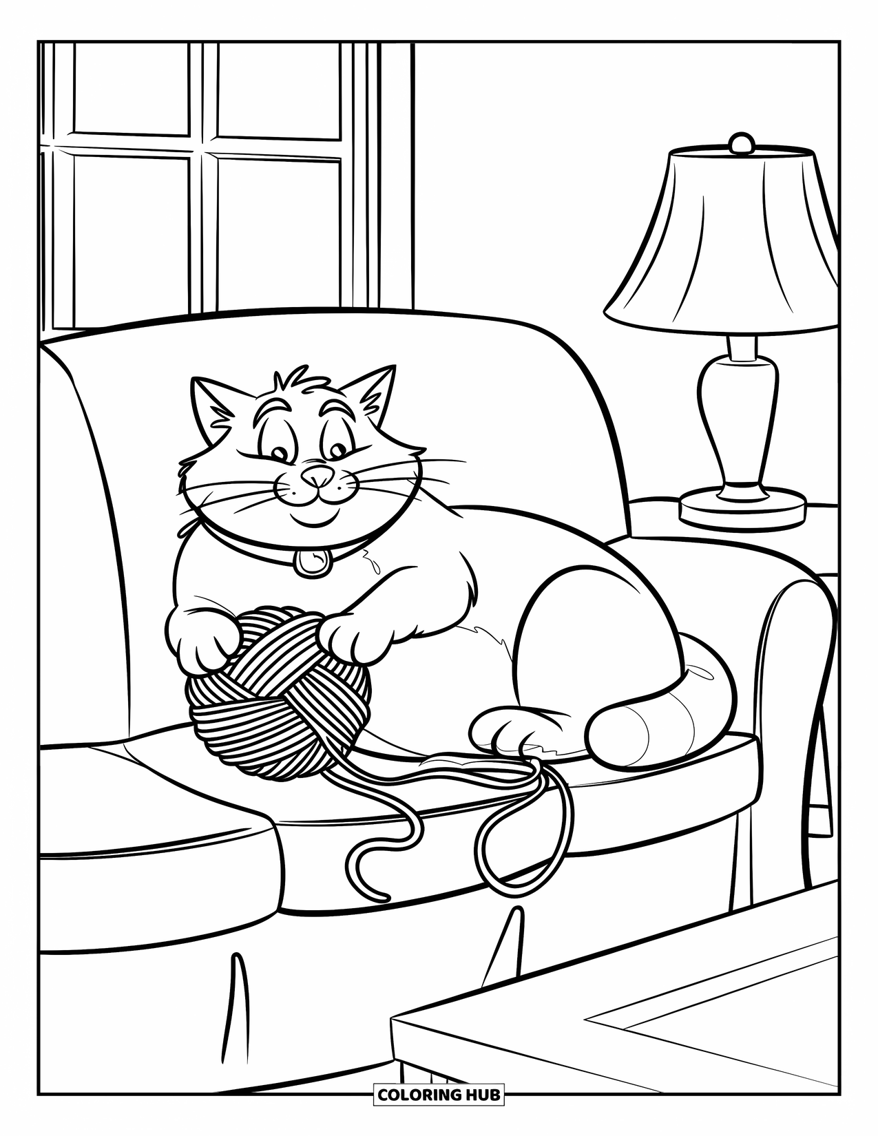 Fat Cat Coloring Page for Kids: A fat cat cuddles with yarn on a cozy couch near a sunny window