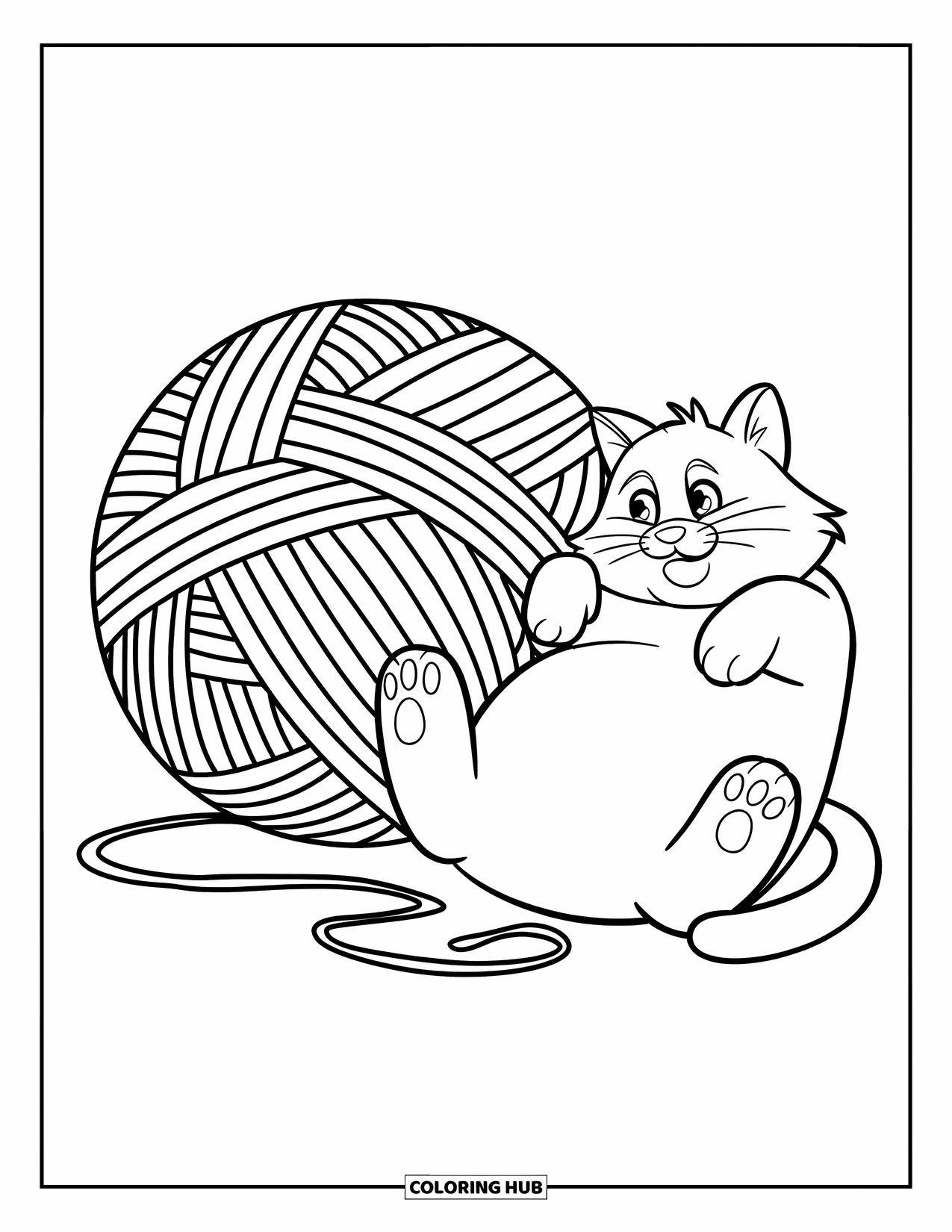 Fat Cat Coloring Page for Kids: A fat cat lies on its back with paws up beside a giant yarn ball