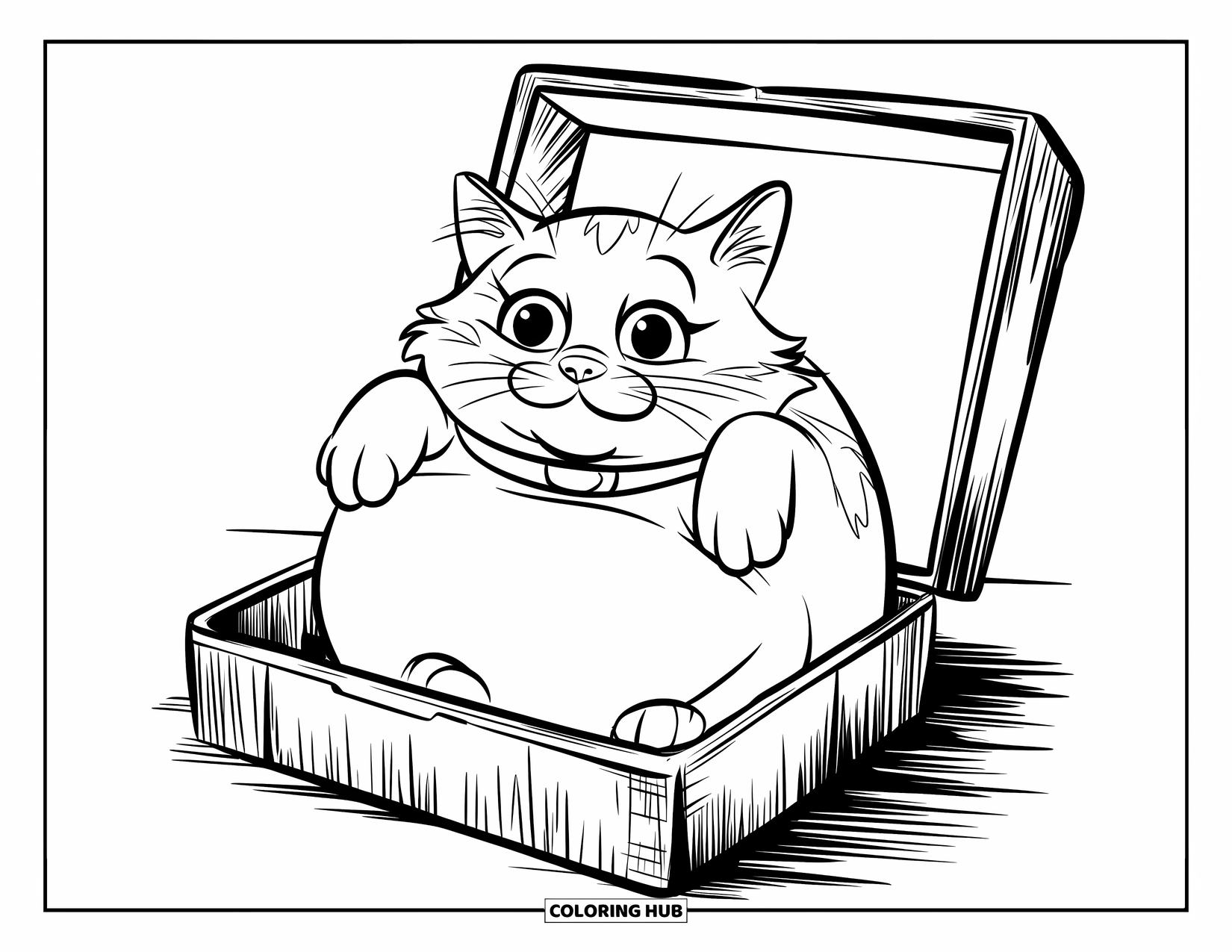 Fat Cat Coloring Page for Kids: A fat cat squeezes into a tiny shoebox with its belly spilling out