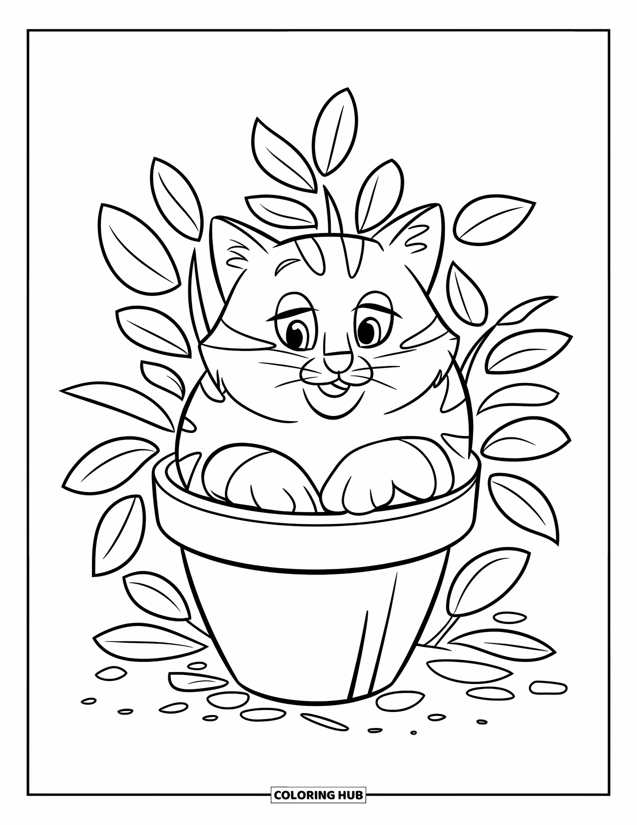 Fat Cat Coloring Page for Kids: A fat cat struggles to fit into a tiny flower pot surrounded by leaves