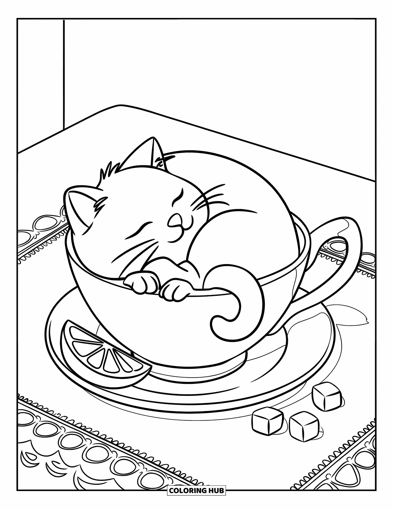 Fat Cat Coloring Page for Kids: A fluffy cat curls inside a teacup beside lemon slices and sugar cubes