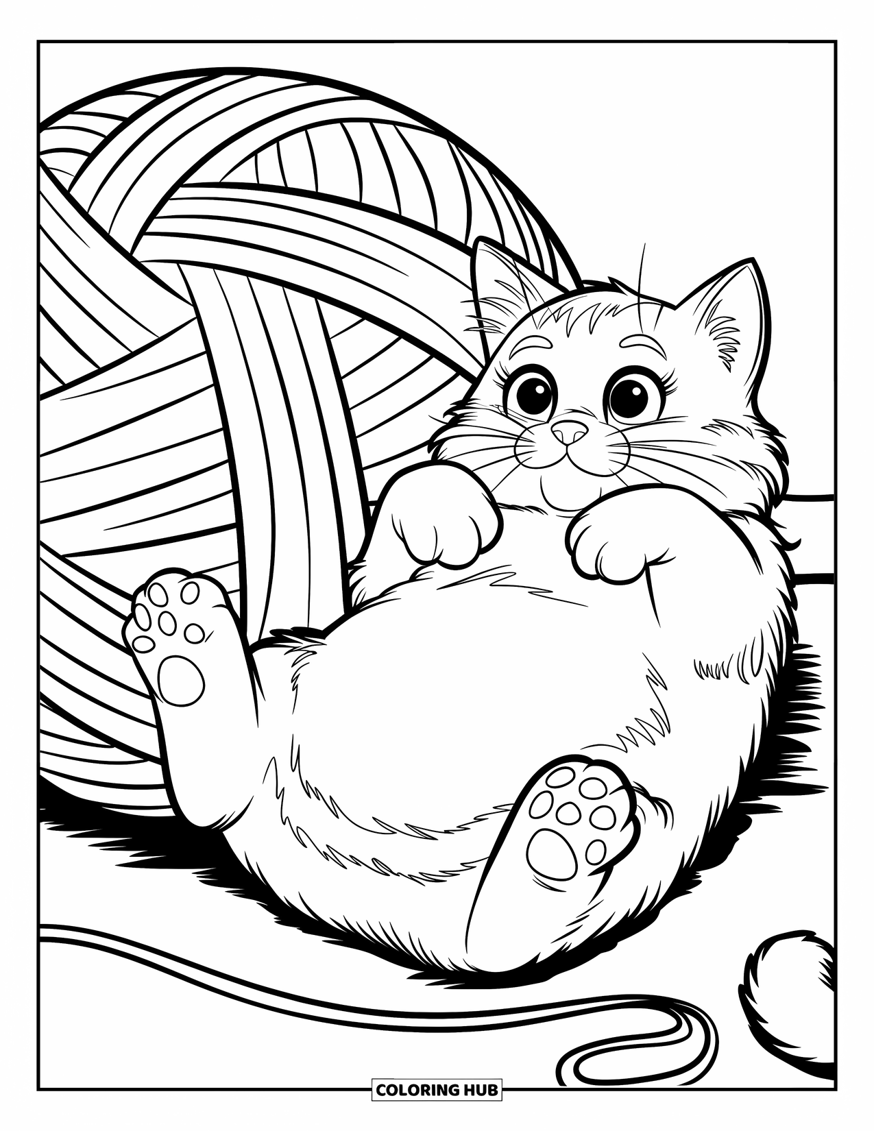 Fat Cat Coloring Page for Kids: A fluffy cat plays belly-up with a huge ball of yarn