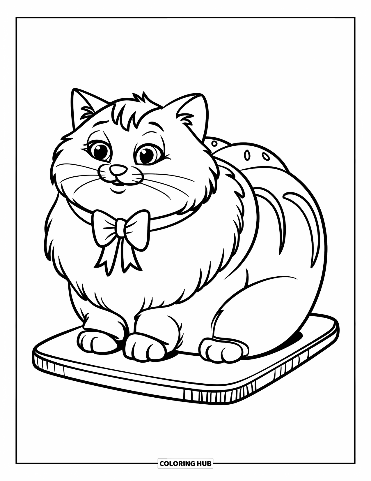 Fat Cat Coloring Page for Kids: A fluffy loaf cat in a bowtie perches proudly on a wooden board
