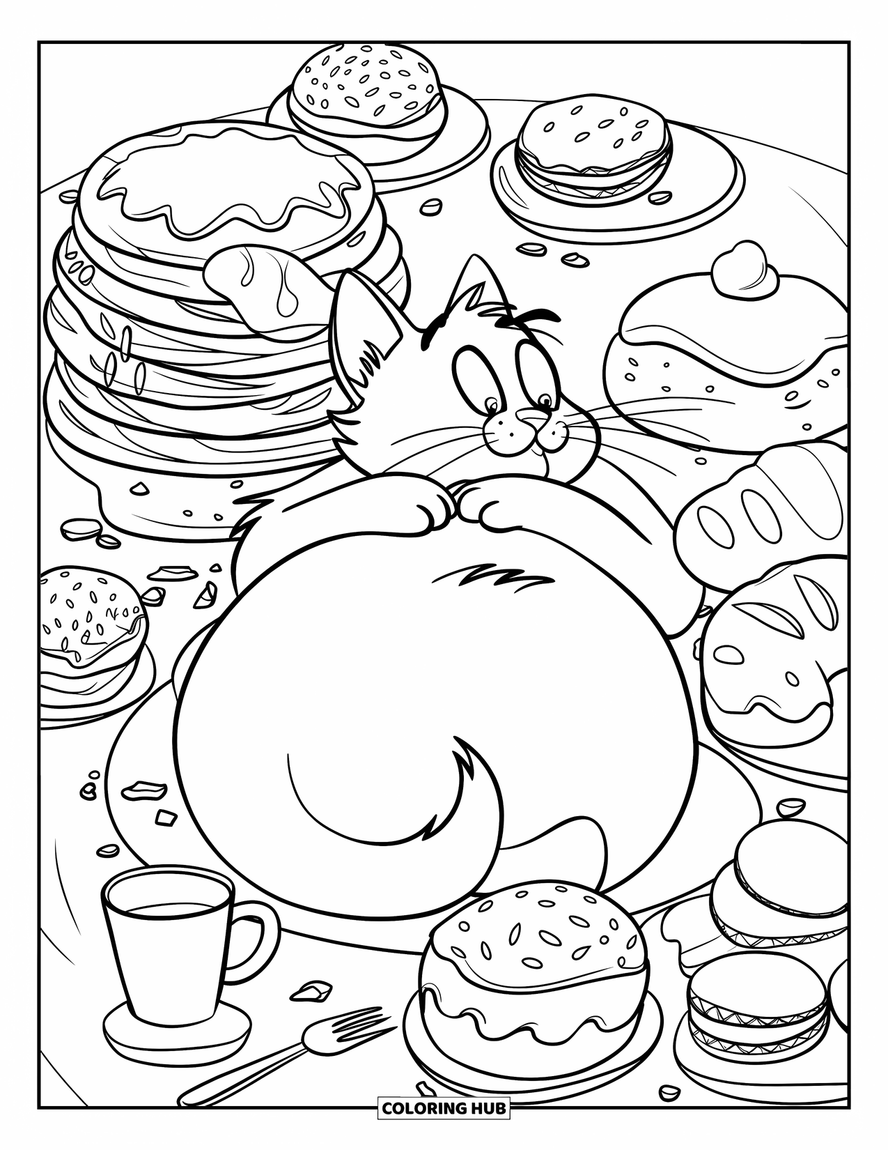 Fat Cat Coloring Page for Kids: A happy cat lounges among pancakes, donuts, and cream puffs on a pastry table