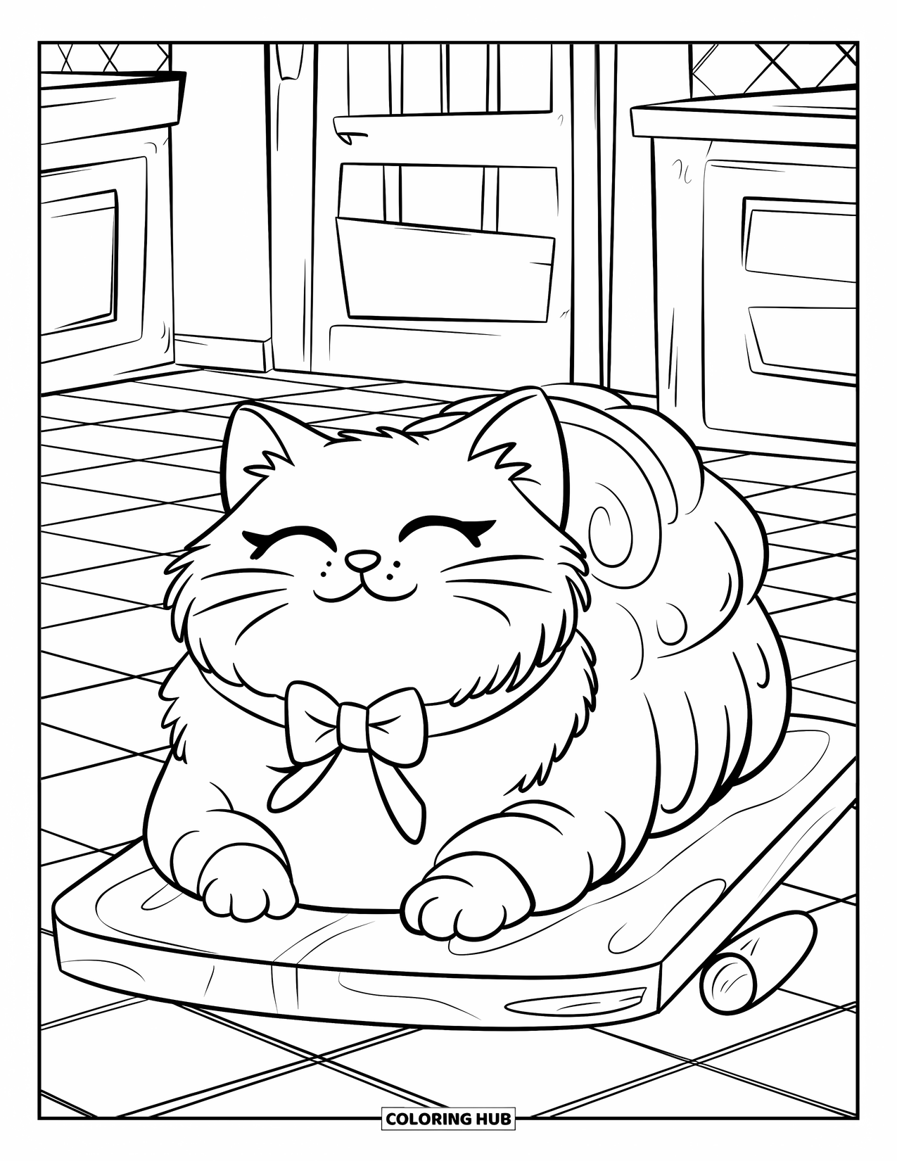 Fat Cat Coloring Page for Kids: A loaf-shaped cat with a bowtie sits peacefully in a rustic kitchen