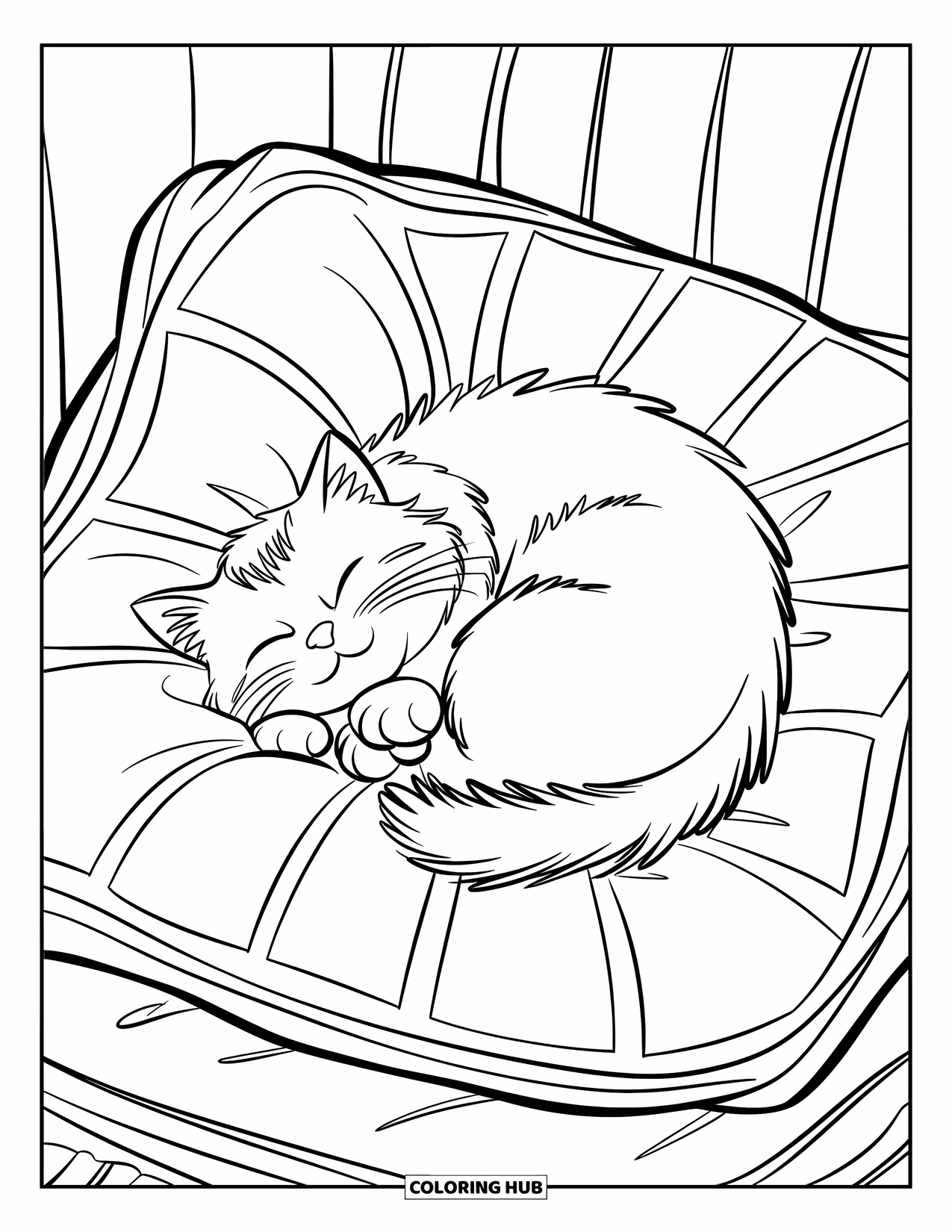 Fat Cat Coloring Page for Kids: A peaceful cat snoozes on a patterned pillow with soft curves