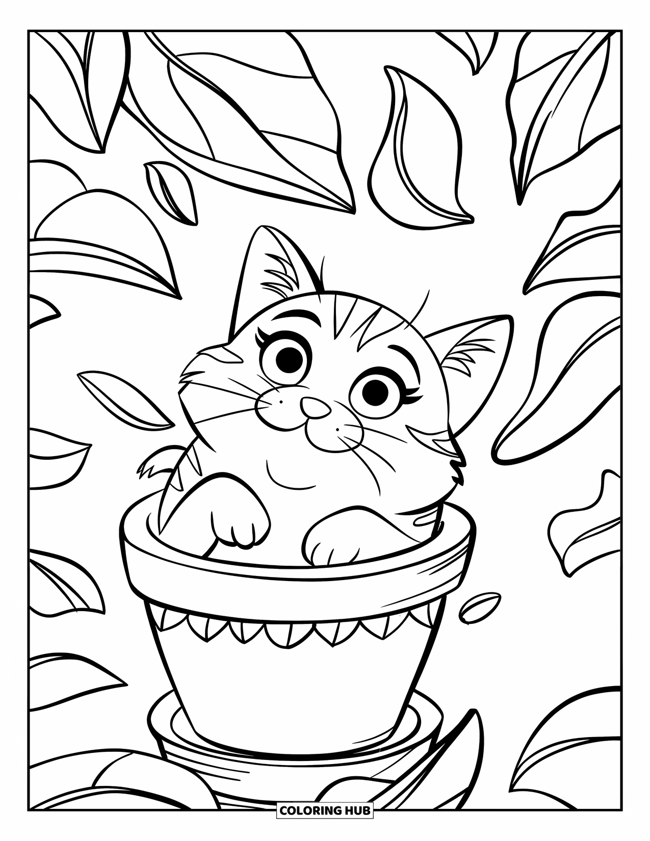 Fat Cat Coloring Page for Kids: A plump cat nestles into a leaf-patterned flower pot