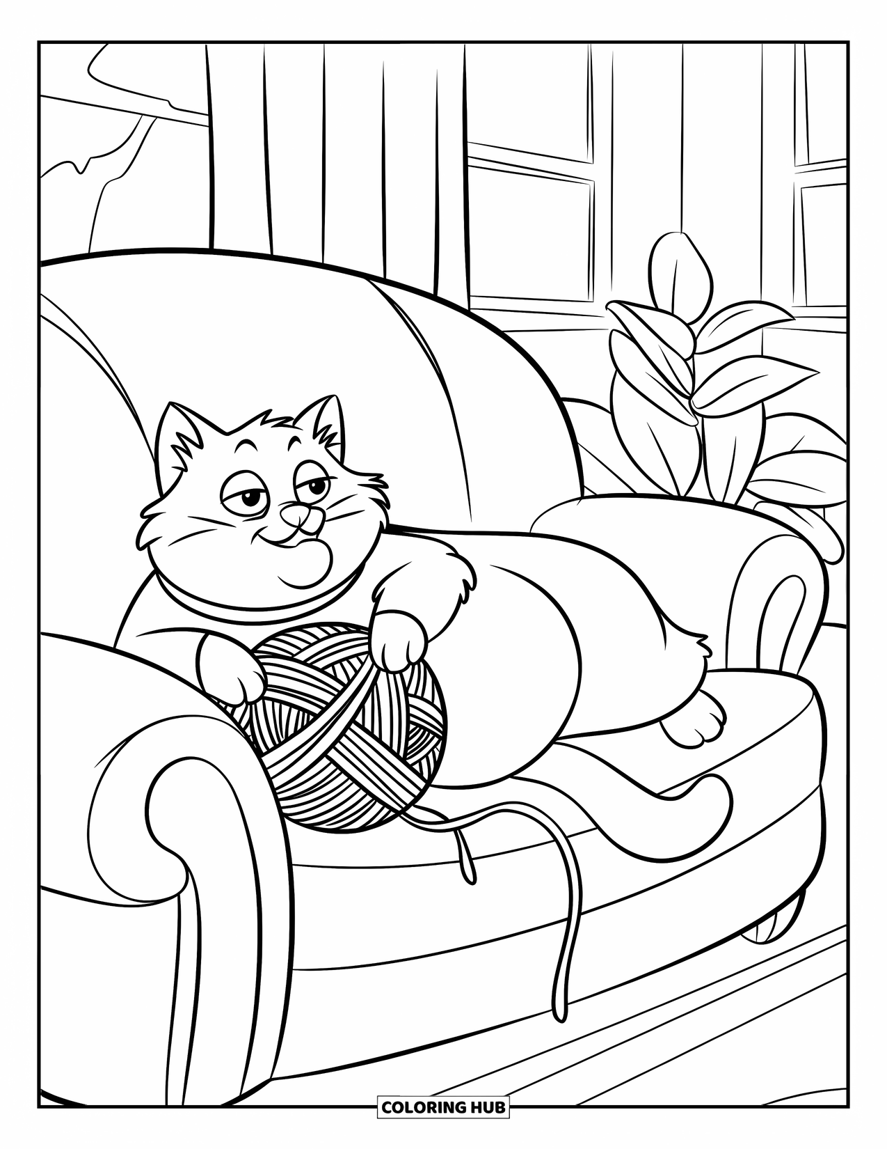 Fat Cat Coloring Page for Kids: A relaxed cat lounges on a couch tangled in soft yarn