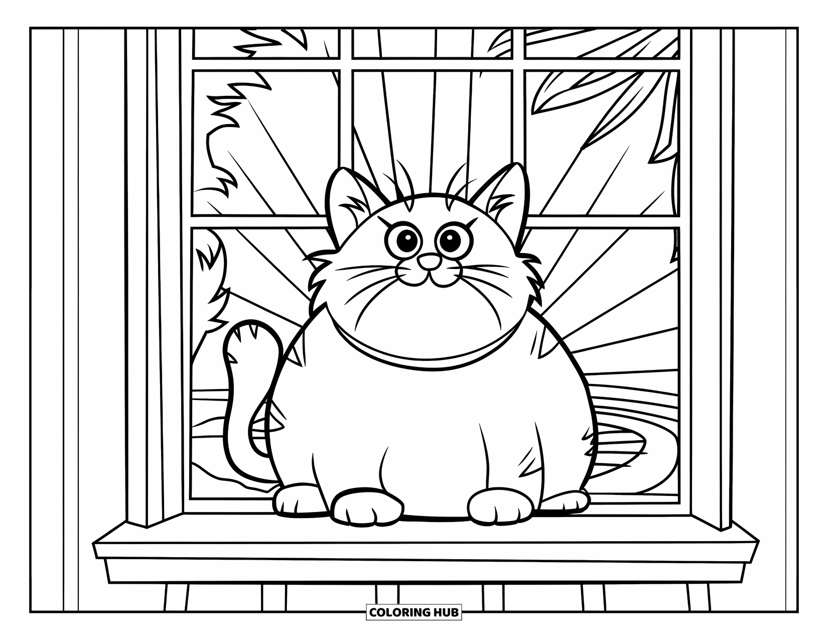 Fat Cat Coloring Page for Kids: A round cat relaxes in warm sunlight beside a plant and a rug