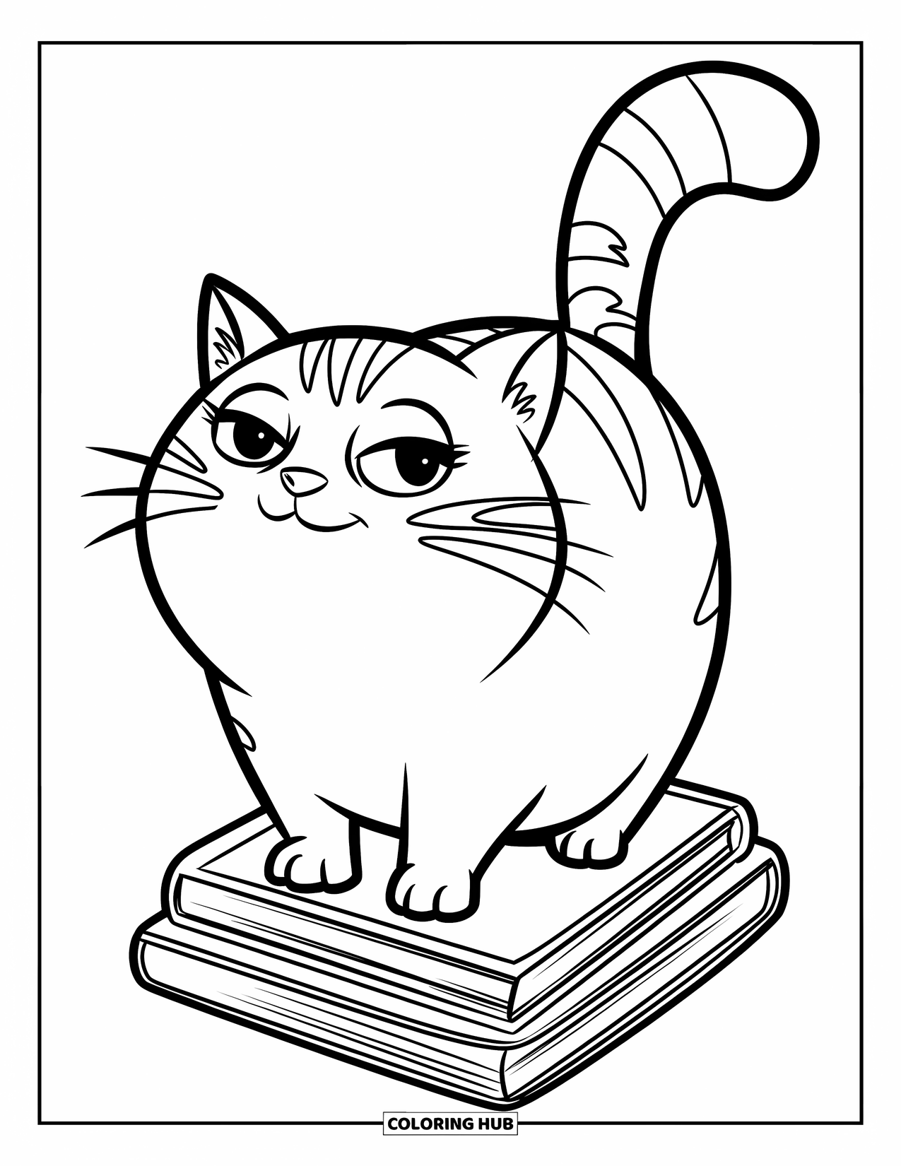 Fat Cat Coloring Page for Kids: A round cat stands on stacked books in a bright, white room