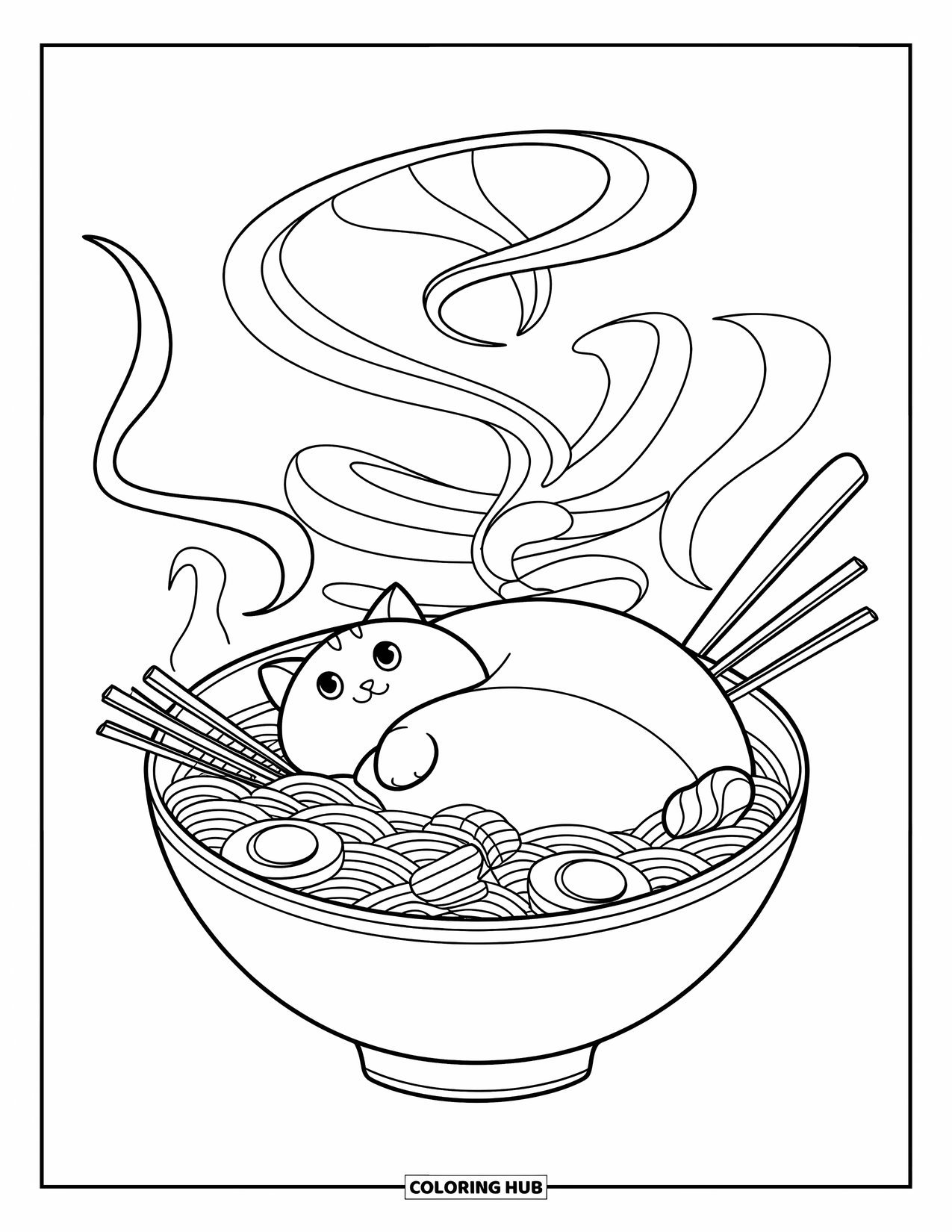 Fat Cat Coloring Page for Kids: A round-faced cat lounges in a ramen bowl among noodles and toppings
