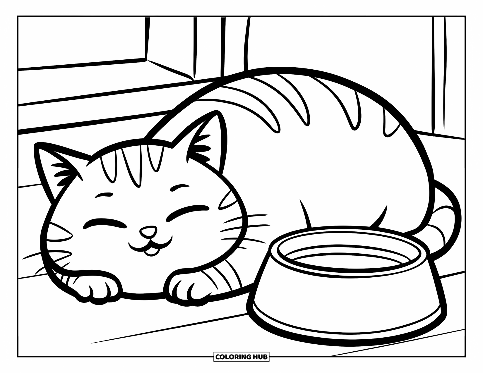 Fat Cat Coloring Page for Kids: A sleepy cat lies beside an empty food bowl, eyes gently closed