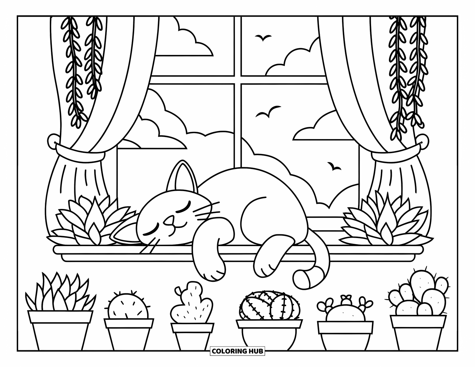 Fat Cat Coloring Page for Kids: A sleepy cat sprawls on a windowsill surrounded by potted succulents and ivy