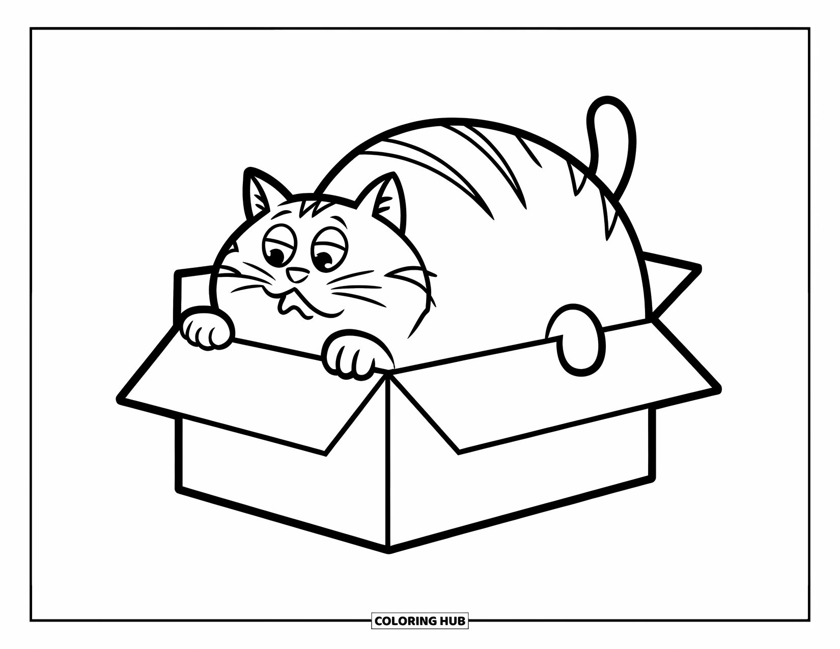 Fat Cat Coloring Page for Kids: A surprised fat cat is crammed into a little shoebox