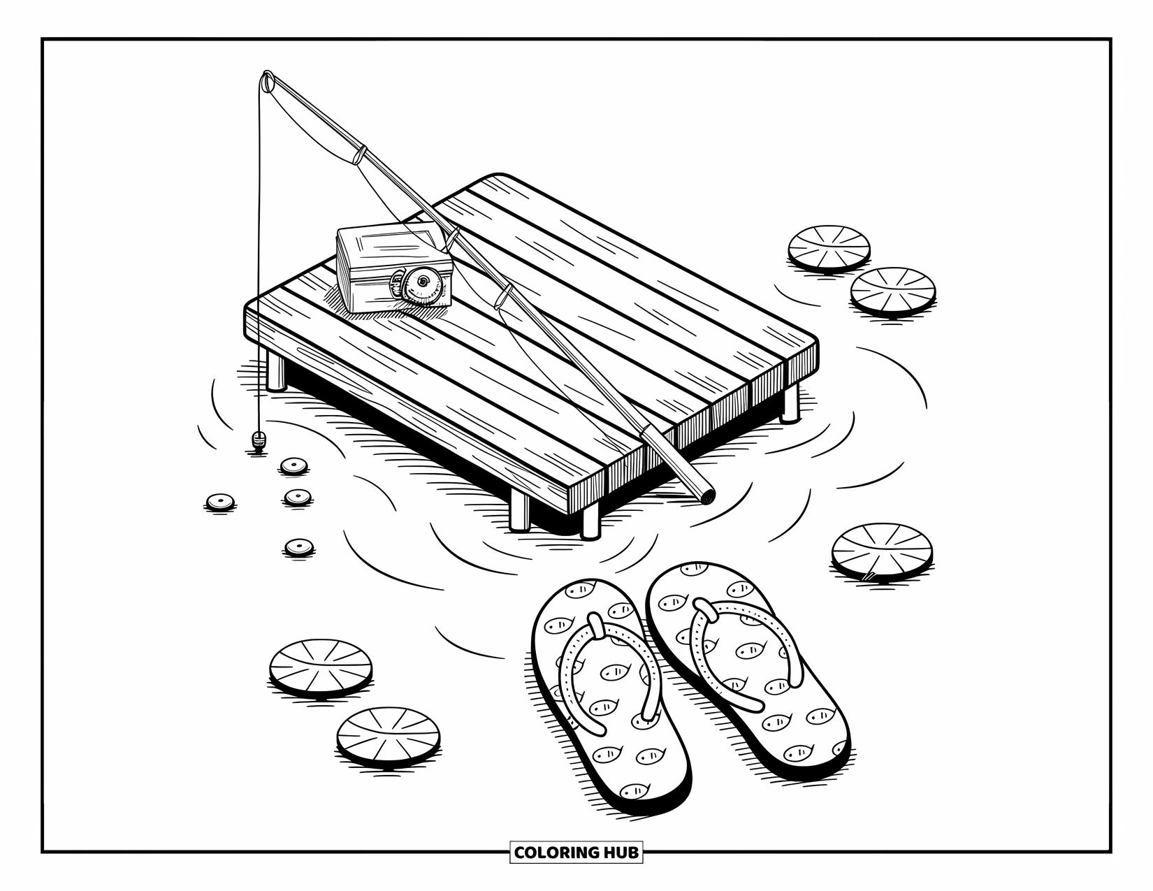 Flip Flop Coloring Page for Adults: A cozy dock scene with fishing gear and playful flip-flops near a lily-covered lake