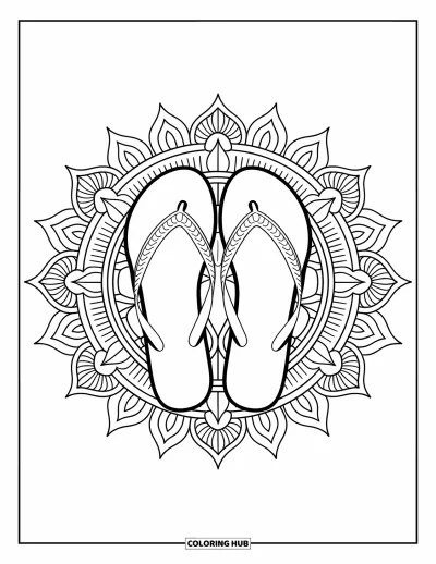Fargeleggingsark med flip-flops for voksne: En lotusbladmandala omgir flip-flops i et vakkert balansert motiv