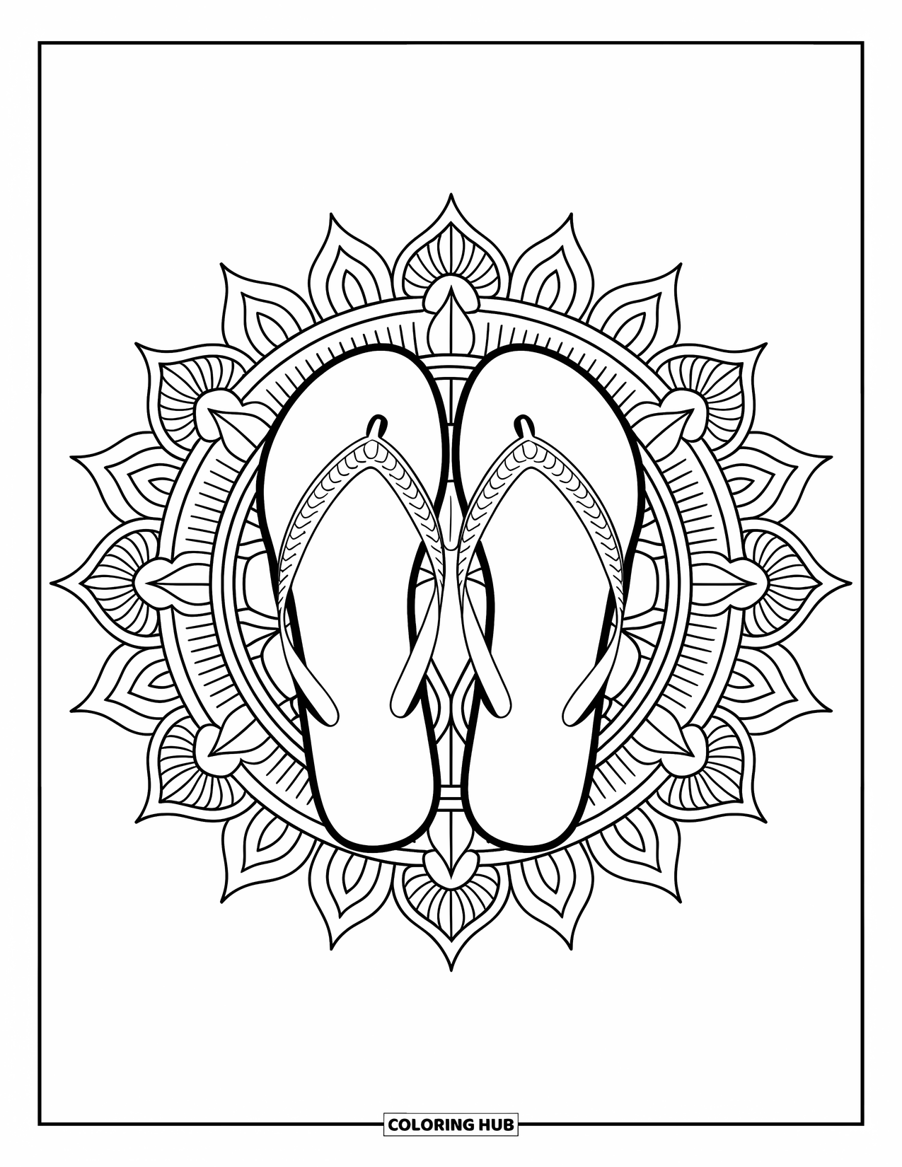 Flip Flop Coloring Page for Adults: A lotus-petal mandala surrounds flip-flops in a beautifully balanced design
