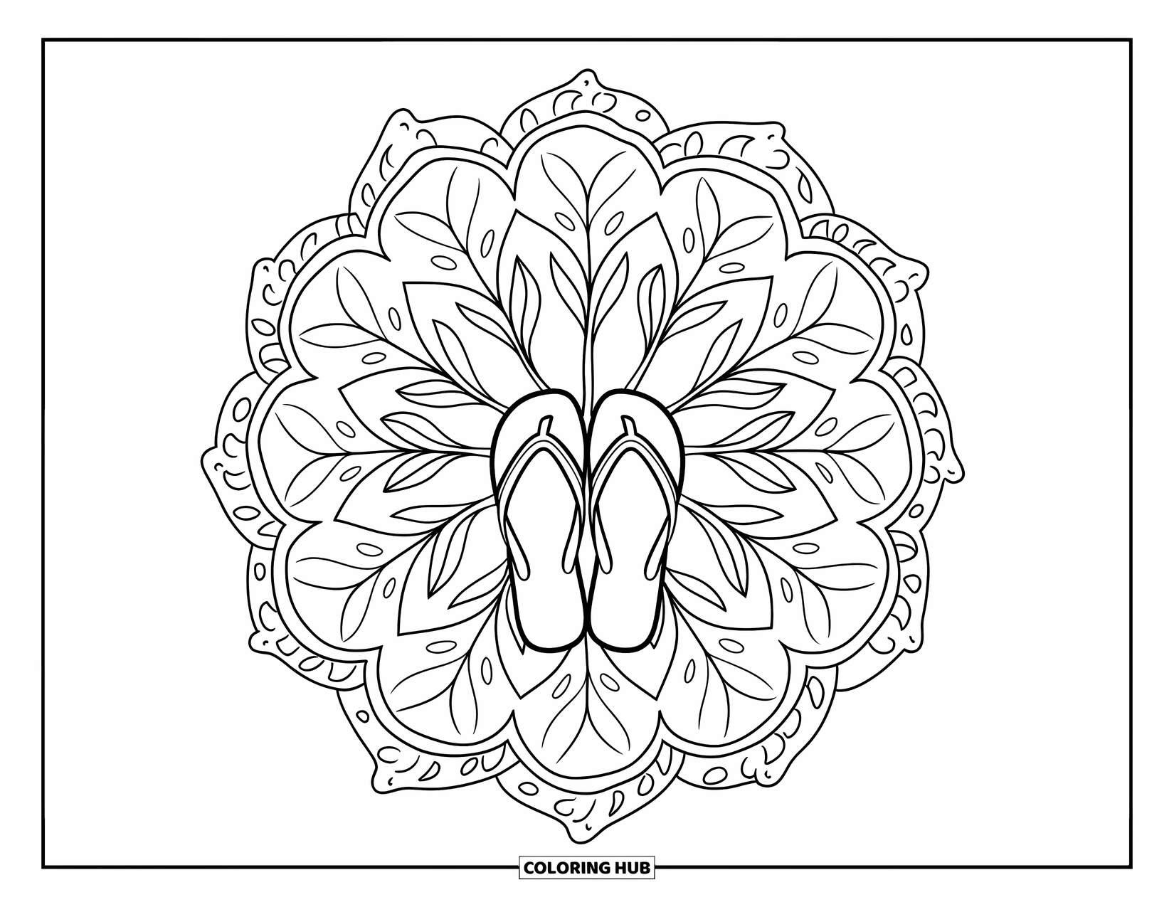 Flip Flop Coloring Page for Adults: A mandala of leafy patterns surrounds flip-flops in a calm botanical circle
