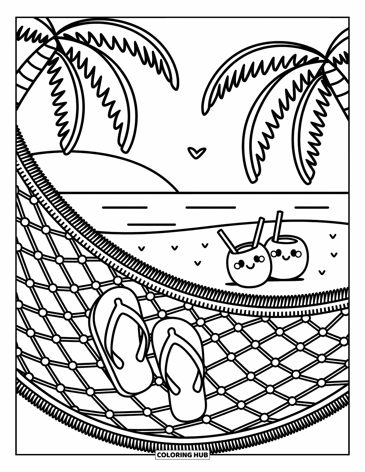 Flip Flop Coloring Page for Adults: A pair of flip-flops rests on a hammock above coconuts and a calm sea view