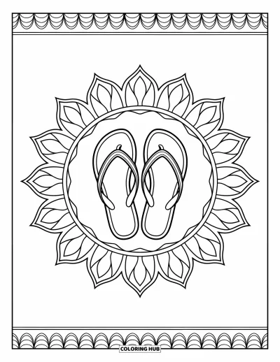 Fargeleggingsark med flip-flops for voksne: En fredelig mandala av lotusblomstblader rammer inn et par flip-flops