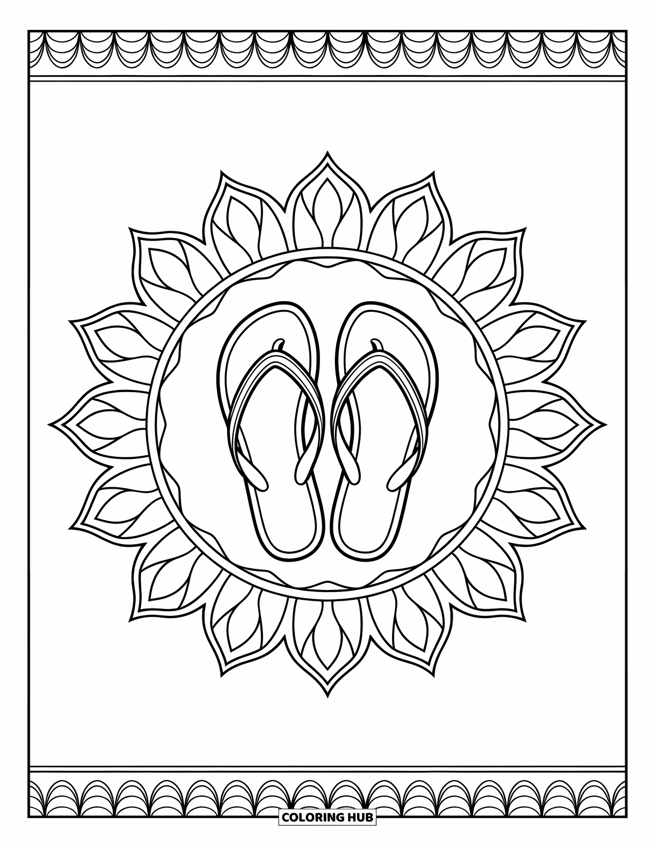 Flip Flop Coloring Page for Adults: A peaceful mandala of lotus petals cradles a pair of flip-flops