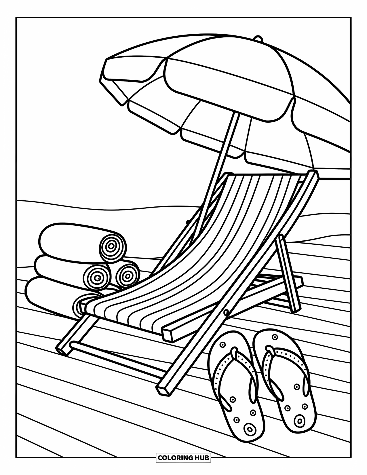 Flip Flop Coloring Page for Adults: A relaxed beach scene with towels, striped chair, and swirl-decorated flip-flops facing the sea