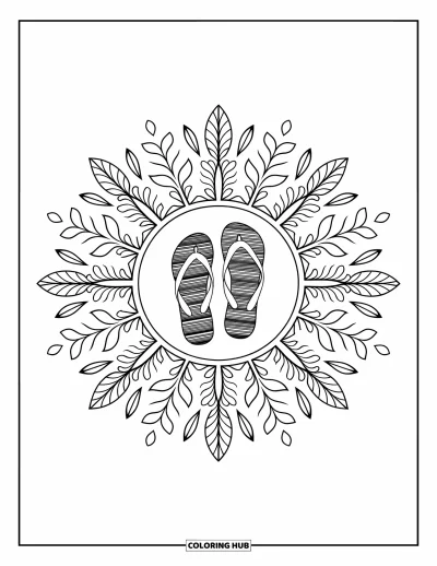 Fargeleggingsark med flip-flops for voksne: En enkel flip-flop hviler i midten av en bladrik, flytende mandala