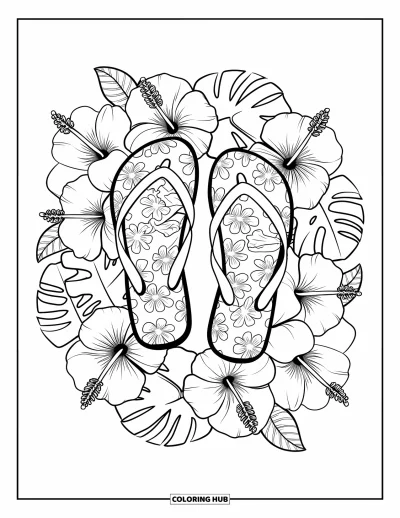Fargeleggingsark med flip-flops for voksne: En tropisk krans av blomster og blader omgir et par flip-flops