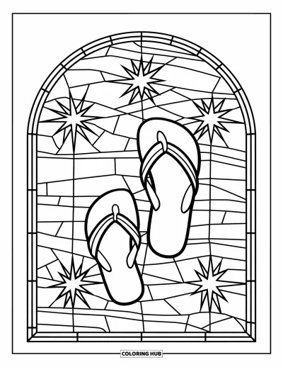 Fargeleggingsark med flip-flops for voksne: En vindusramme av bølger og stjerner inneholder et fredelig flip-flop-motiv