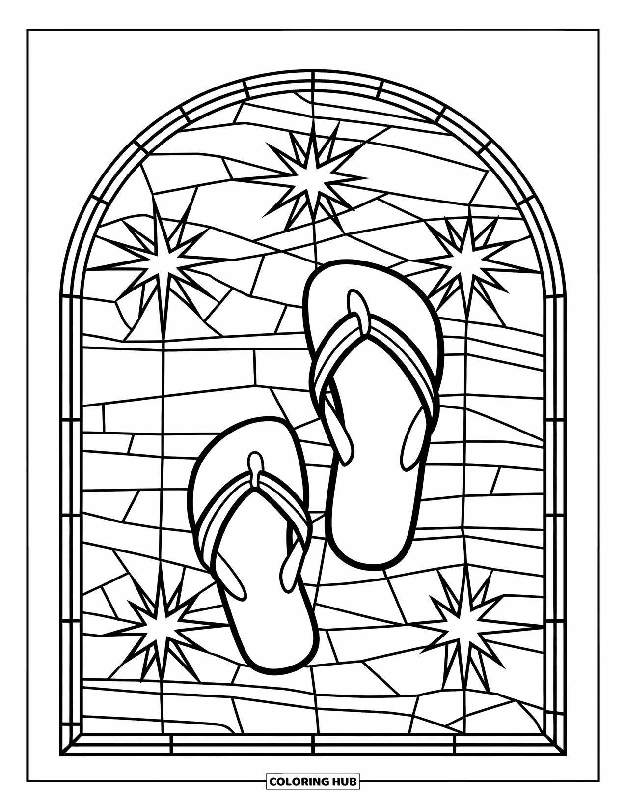 Flip Flop Coloring Page for Adults: A window-like frame of waves and stars holds a peaceful flip-flop design