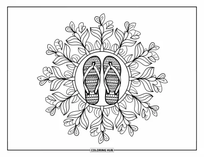 Fargeleggingsark med flip-flops for voksne: Akantusblader slynger seg rundt flip-flops i en fredelig botanisk mandala
