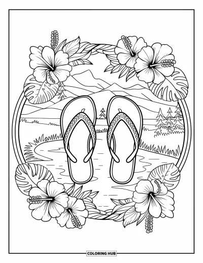 Fargeleggingsark med flip-flops for voksne: Flip-flops på en blomstrete sti omgitt av frodig løv og fredelig natur
