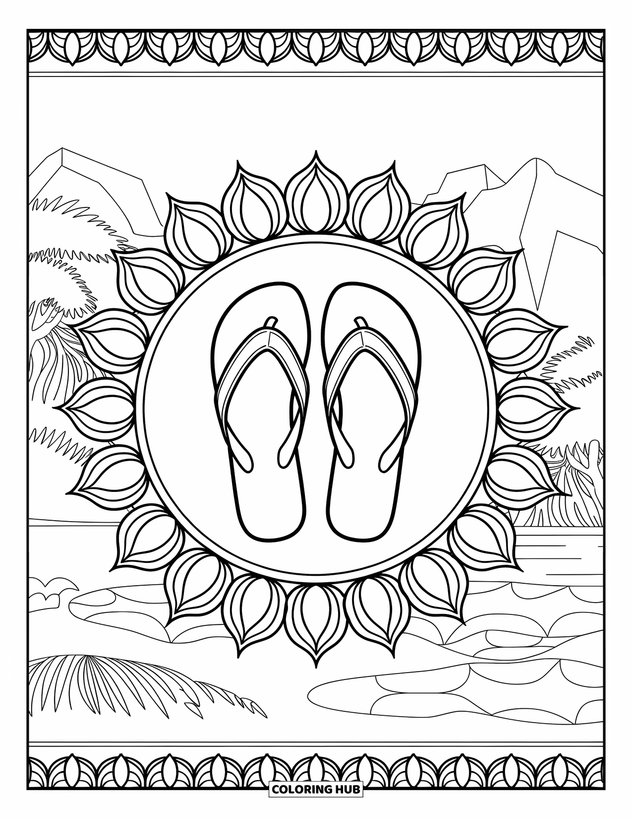 Flip Flop Coloring Page for Adults: Flip-flops rest in a lotus-petal frame set in a calm nature landscape