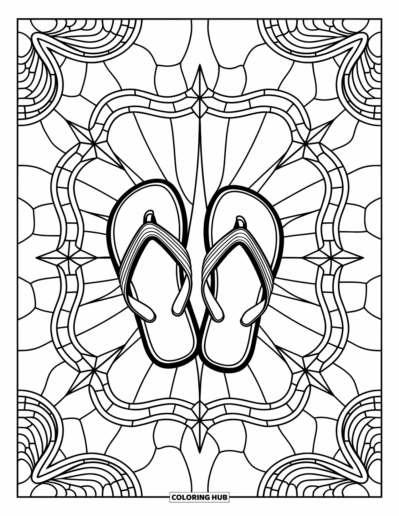 Flip Flop Coloring Page for Adults: Flip-flops shaped like stars rest inside a frame of waves and bursts