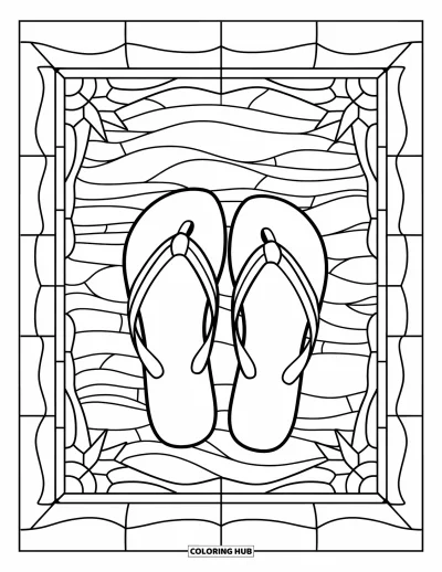 Fargeleggingsark med flip-flops for voksne: Flip-flops sitter innenfor en ramme av bølgete glassmalingslinjer og stjernestøt