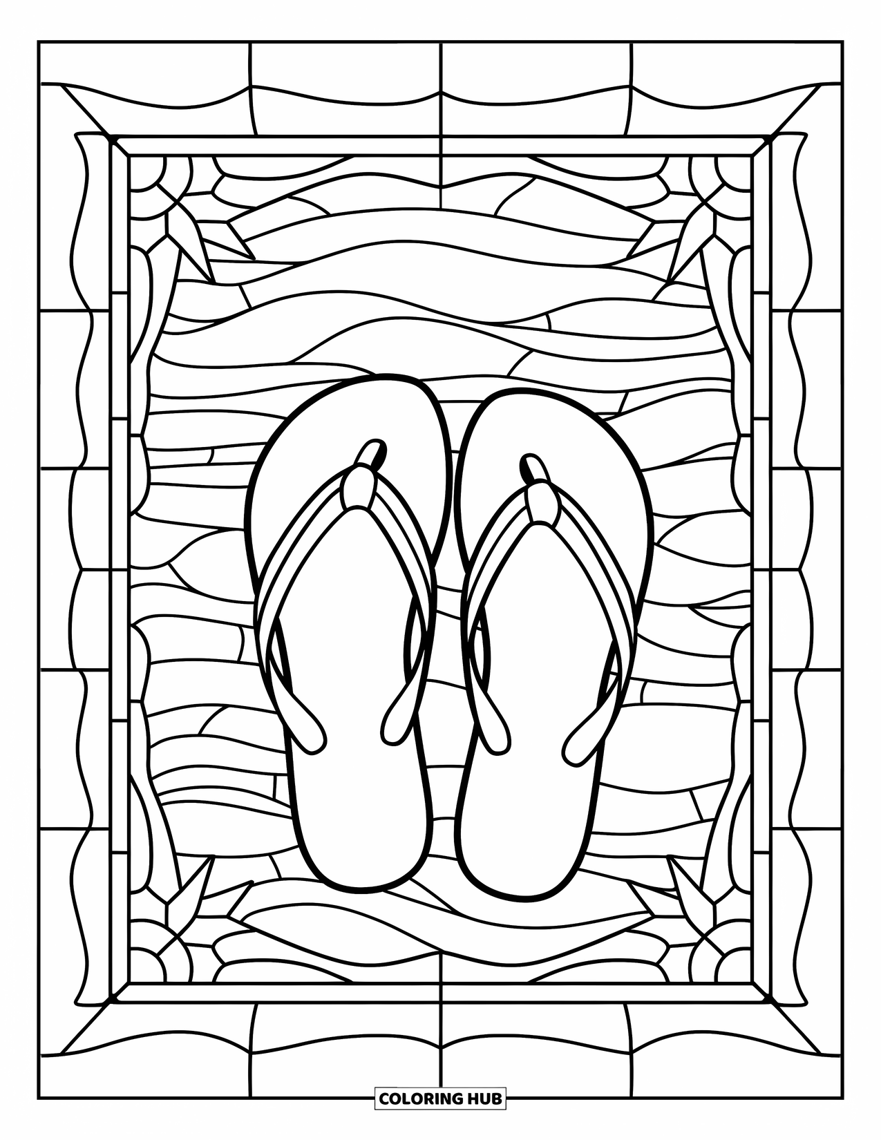Flip Flop Coloring Page for Adults: Flip-flops sit within a frame of wavy stained-glass lines and starbursts